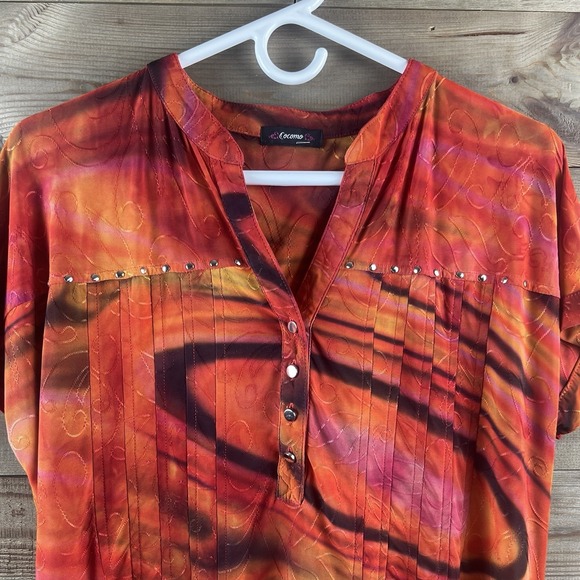 Cocomo Womens Shirt Short Sleeve Pleated Pintuck Button Embellished Tie Dye XL - Picture 2 of 6